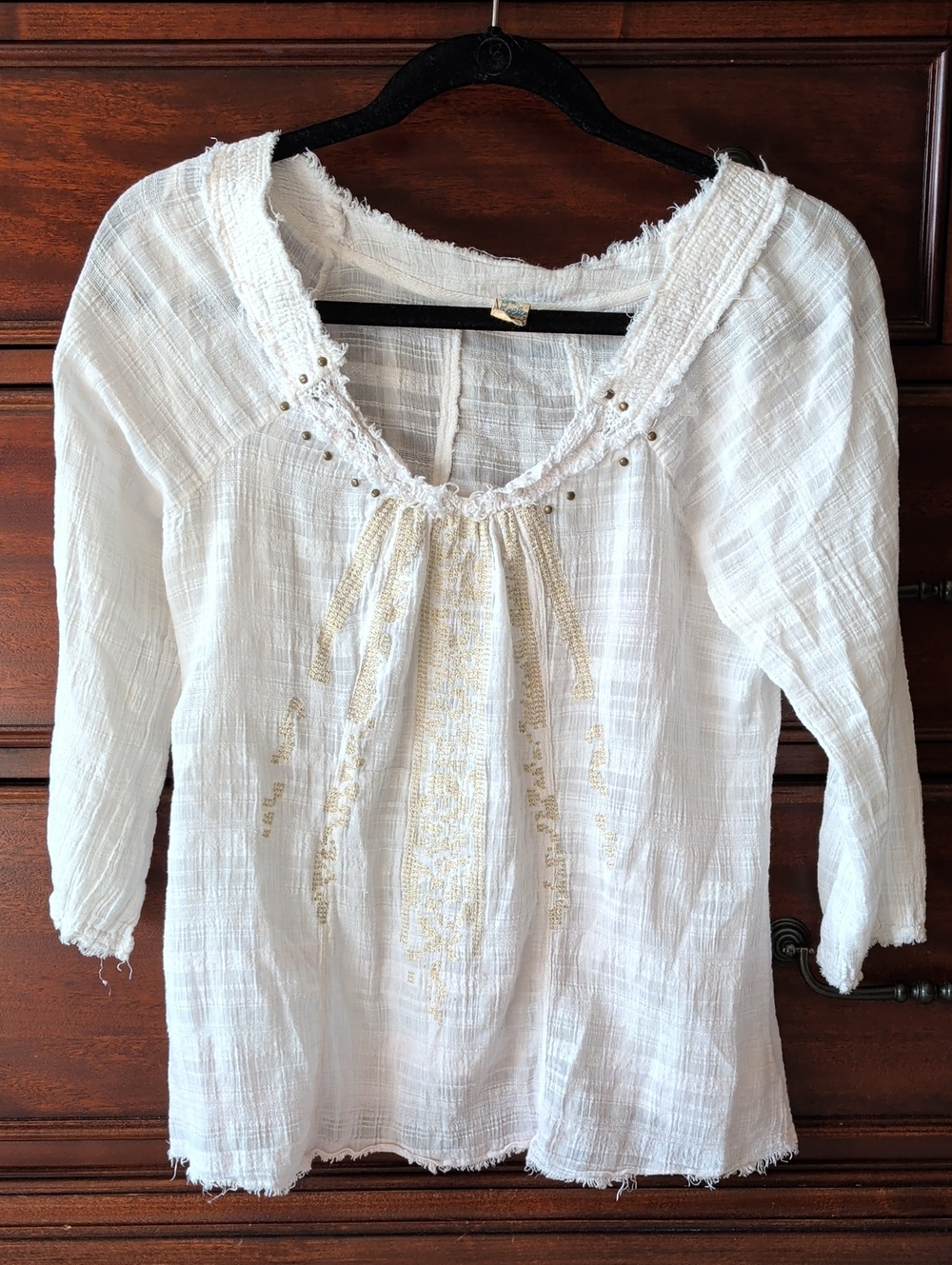 Free People Small White Embroidered Peasant Top with Gold Accents